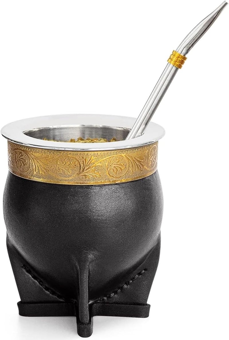 CUOPRU 304 Stainless Steel Argentina Yerba Mate Cup With Straw Tea Gourd Mug One Bombilla Mate (Straw) a Cleaning Brush (Black) - Image 1