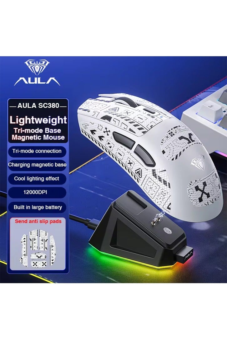 أولا ماوس ألعاب عالي الدقة AULA SC380 ثلاثي الأوضاع 59 جرامًا خفيف الوزن للغاية مع قاعدة شحن مغناطيسية RGB - Image 1