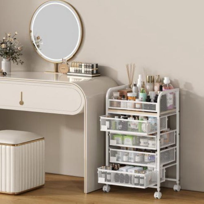 Global simple assemble options 5 Tier Rolling Cart Makeup Organizer Removable Floor Skincare Trolley with 4 Drawers Vanity Organizer Cosmetics Display Shelf for Perfume, Nail Polish, Brushes Long term heavy use compatible - Image 2
