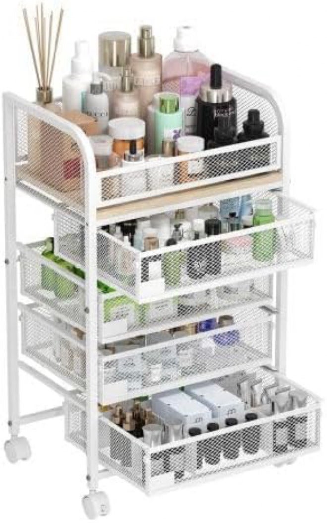 Global simple assemble options 5 Tier Rolling Cart Makeup Organizer Removable Floor Skincare Trolley with 4 Drawers Vanity Organizer Cosmetics Display Shelf for Perfume, Nail Polish, Brushes Long term heavy use compatible - Image 1