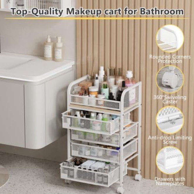 Global simple assemble options 5 Tier Rolling Cart Makeup Organizer Removable Floor Skincare Trolley with 4 Drawers Vanity Organizer Cosmetics Display Shelf for Perfume, Nail Polish, Brushes Long term heavy use compatible - Image 5