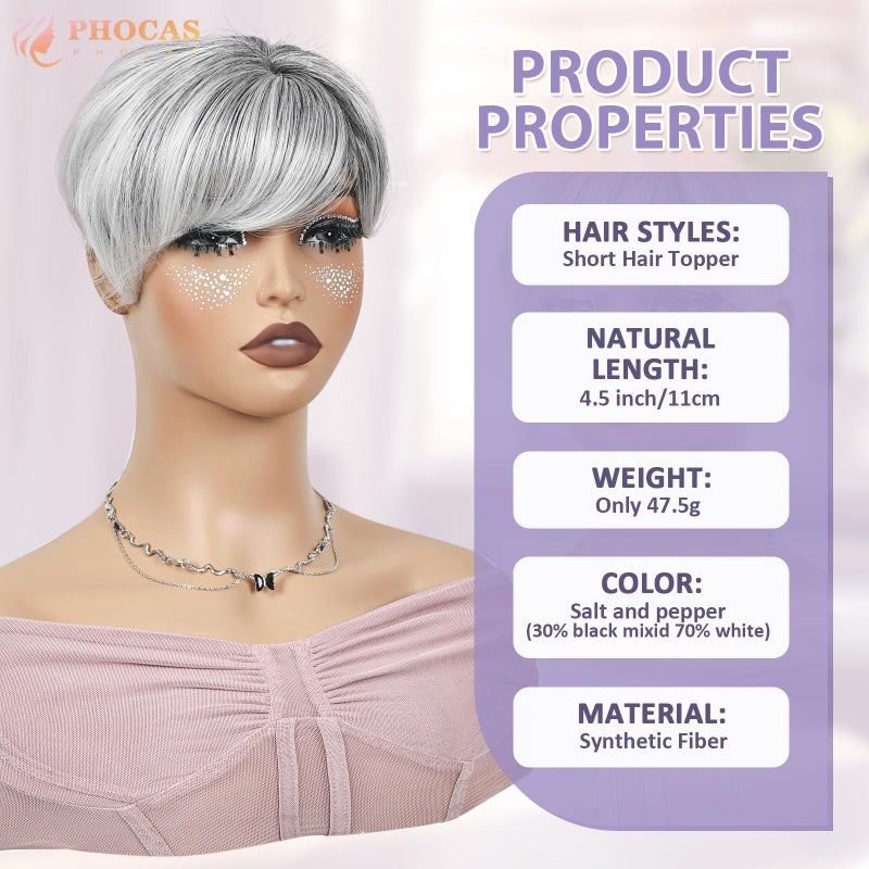 PHOCAS Short Hair Toppers for Women with Thinning Hair Magic Pixie Cut Toppers Hairpiece Natural Synthetic Grey Hair Toppers for Daily Use - Image 2