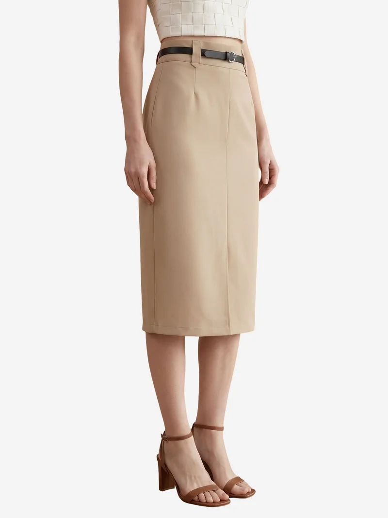 My Fashion Beige Natural MY FASHION High-Waist Midi Pencil Skirt with Slit for Women | Best Price UAE