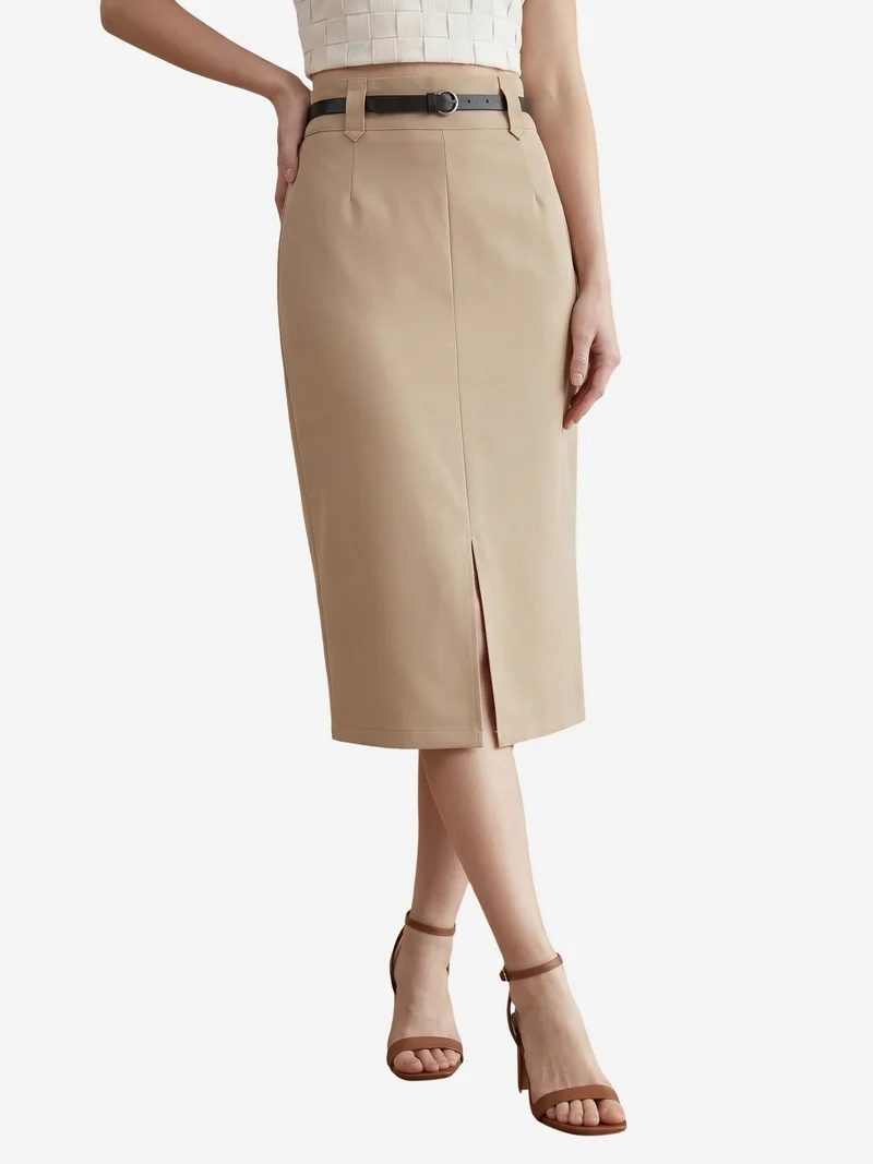 My Fashion Beige Natural MY FASHION High-Waist Midi Pencil Skirt with Slit for Women | Best Price UAE