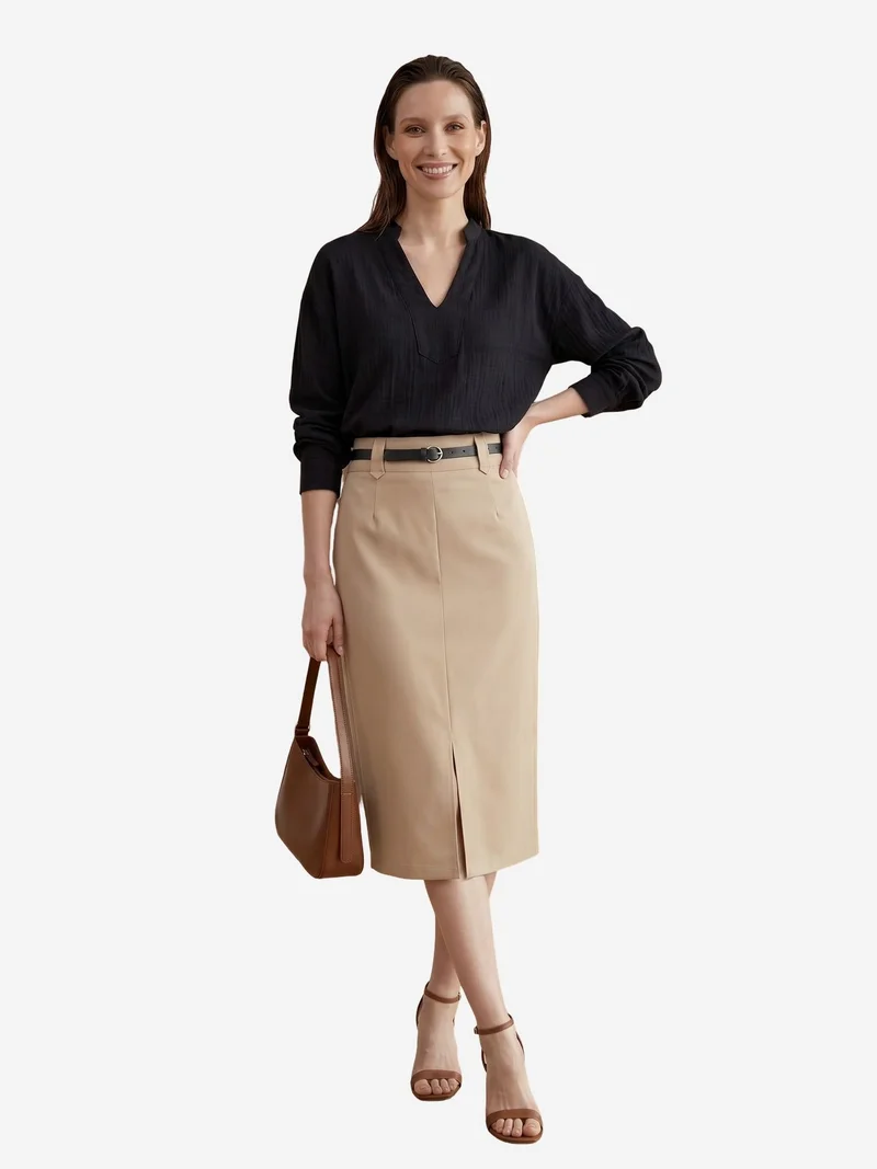 My Fashion Beige Natural MY FASHION High-Waist Midi Pencil Skirt with Slit for Women | Best Price UAE
