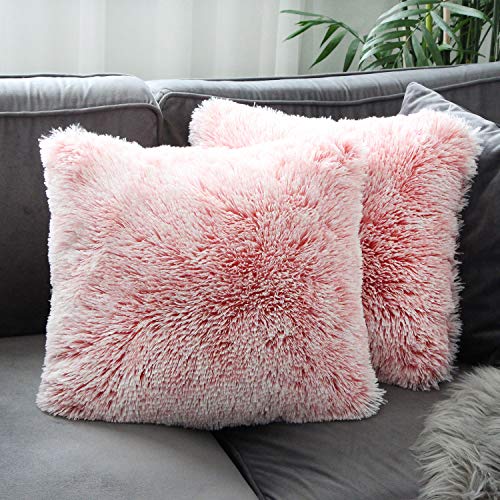 Uhomy 2 Packs Fluffy Accent Pillows Cover 18"x18", Soft Pink Ombre Faux Fur Throw Pillow Case, Modern Luxury Decorative Square Cushion Cover for Farmhouse Home Decor for Sofa/Bed/Chair, 45x45cm - Image 1