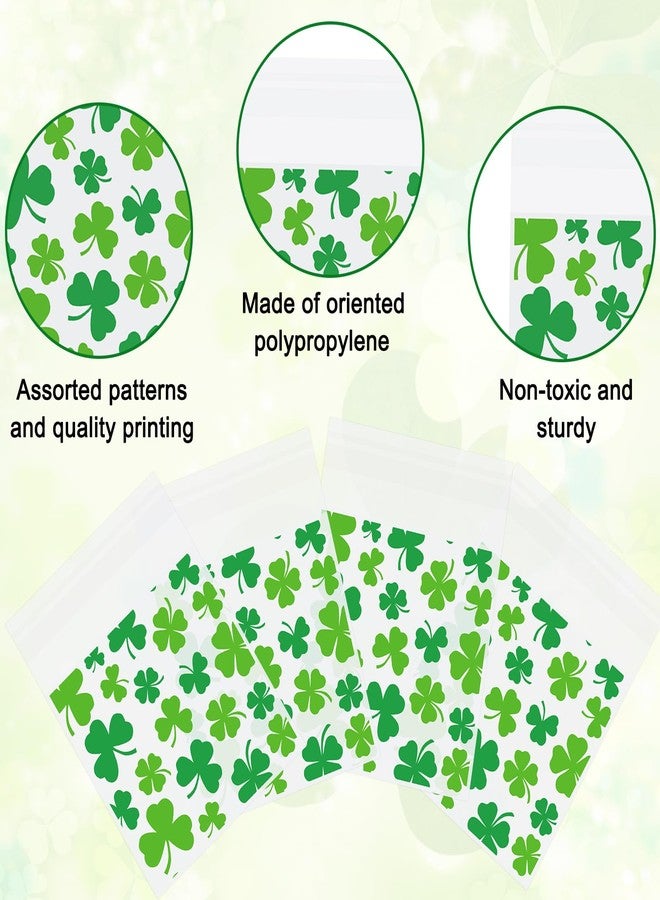 Whaline 320 Pcs St. Patrick's Day Cellophane Bags Green Shamrock Lucky Clover Self-Adhesive Treat Bags Clear Plastic Candy Goodie Bag for Irish Holiday Party Gift Snack Wrapping Supplies - Image 3