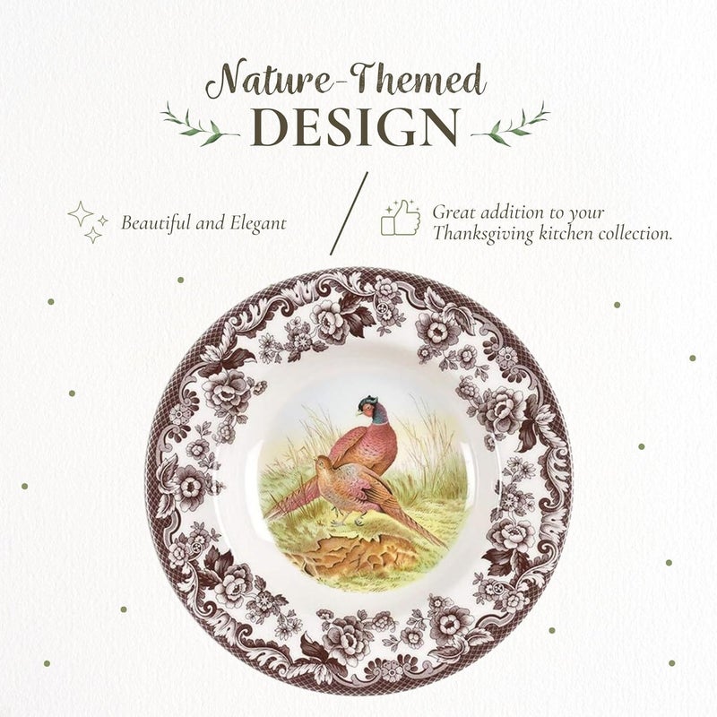 Spode وعاء حساء سبود وودلاند فازان 9 بوصة وعاء كبير من الفخار بنمط الديك الرومي وحدود الزهور لأدوات المائدة في عيد الشكر آمن للاستخدام في الميكروويف وغسالة الصحون مثالي للحساء والسلطة والمعكرونة - Image 3