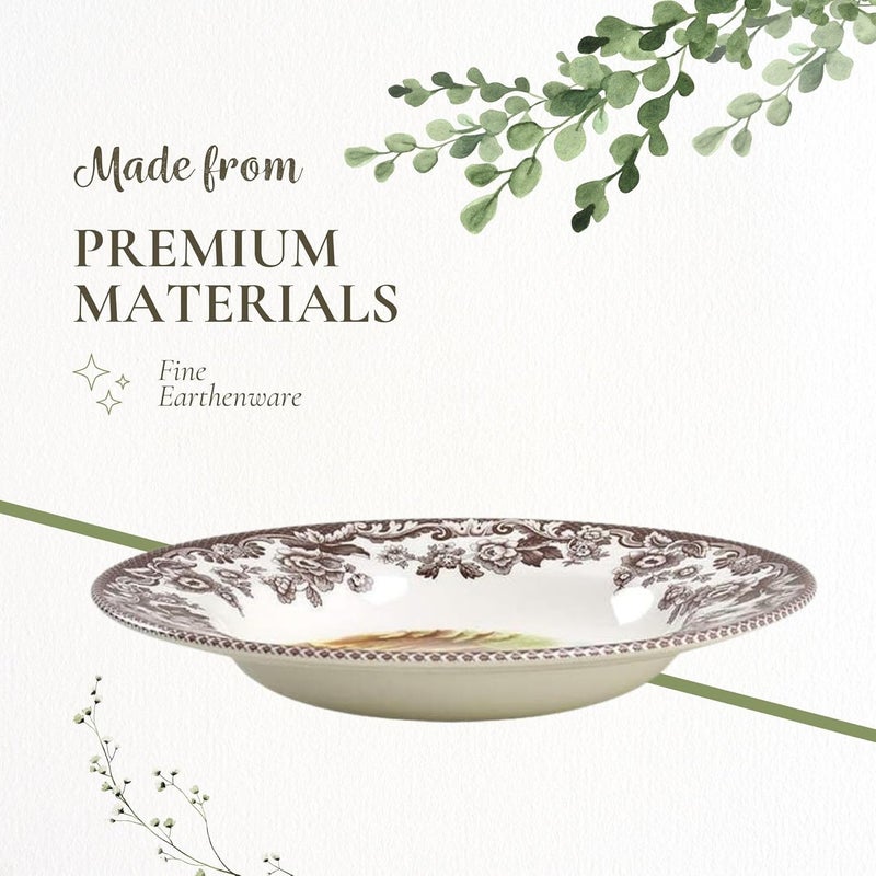 Spode وعاء حساء سبود وودلاند فازان 9 بوصة وعاء كبير من الفخار بنمط الديك الرومي وحدود الزهور لأدوات المائدة في عيد الشكر آمن للاستخدام في الميكروويف وغسالة الصحون مثالي للحساء والسلطة والمعكرونة - Image 4