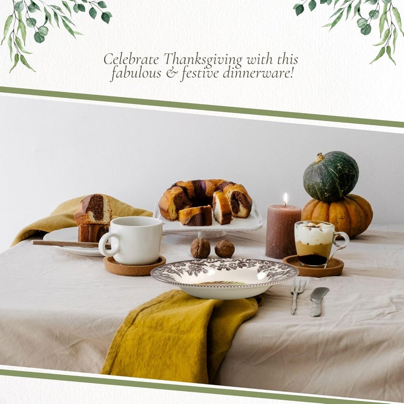 Spode وعاء حساء سبود وودلاند فازان 9 بوصة وعاء كبير من الفخار بنمط الديك الرومي وحدود الزهور لأدوات المائدة في عيد الشكر آمن للاستخدام في الميكروويف وغسالة الصحون مثالي للحساء والسلطة والمعكرونة - Image 5