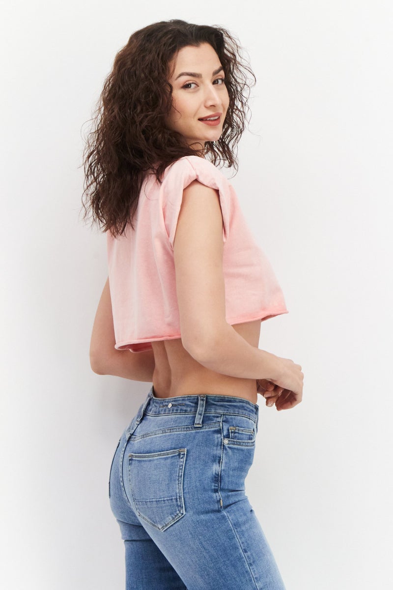 CHELSEA PEERS Women Round Neck Cap Sleeve Heather Top, Pink - Image 2