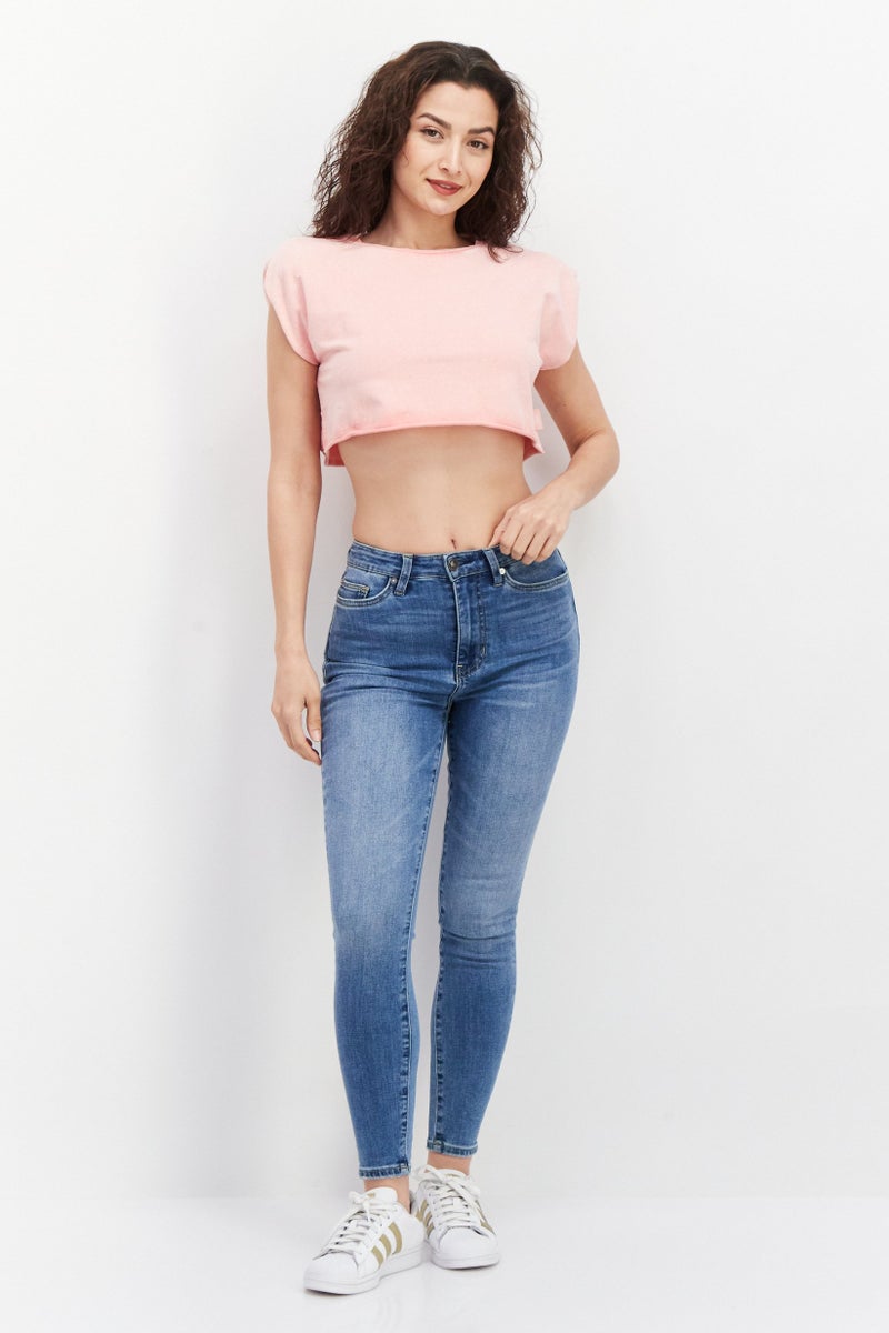 CHELSEA PEERS Women Round Neck Cap Sleeve Heather Top, Pink - Image 3