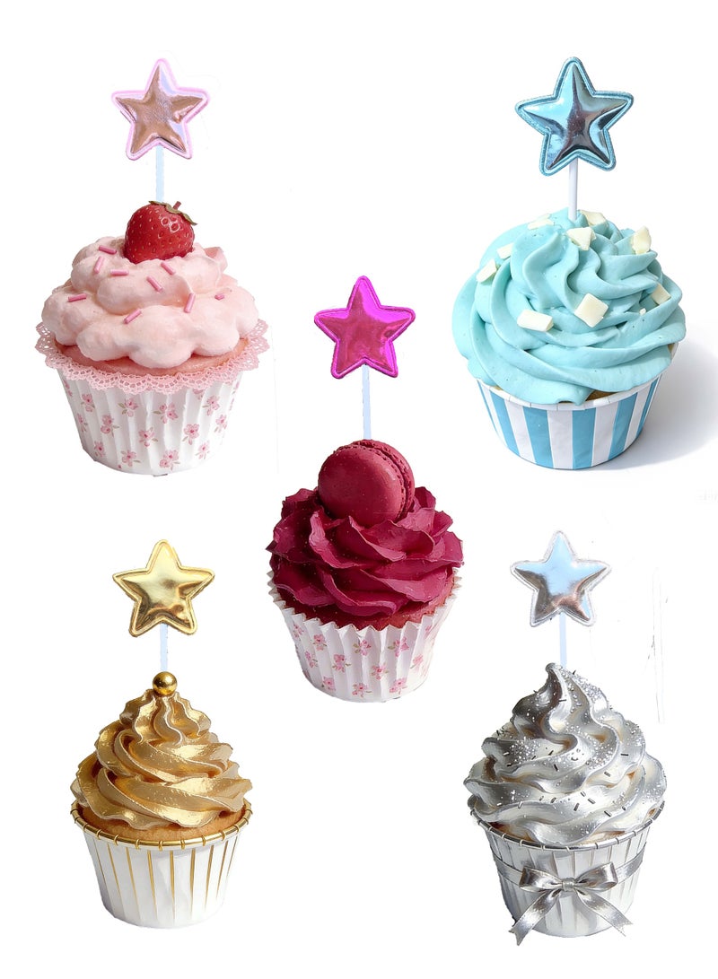 50 قطعة من زينة الكب كيك على شكل نجوم، زينة الكعك والحلوى والكب كيك، إكسسوارات الأعياد والحفلات، متعددة الألوان للأطفال، حفلة استقبال المولود الجديد، زينة كعكة عيد الميلاد (نجوم) - Image 3