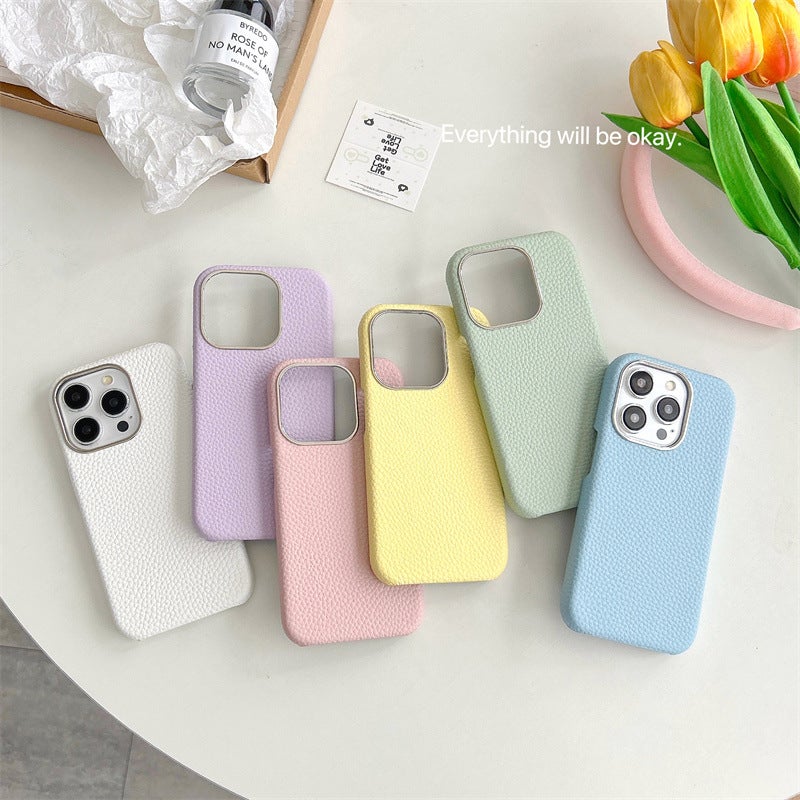 Ins Style Simple Pure Color Pebbled Apple 16Promax Mobile Phone Case Suitable for 15Pro Leather Hard Case 14Pro - Image 2