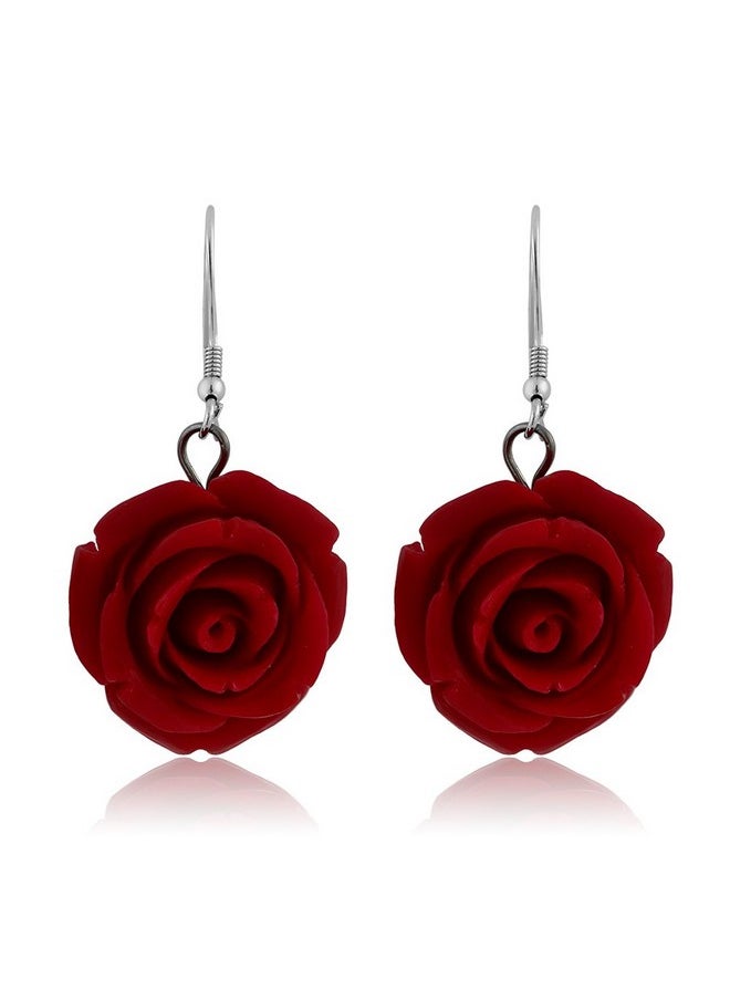 GEM STONE KING 20Mm 925 Sterling Silver Red Simulated Coral Carved Rose Flower Earrings  - Image 3