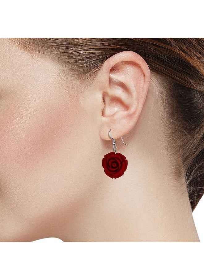 GEM STONE KING 20Mm 925 Sterling Silver Red Simulated Coral Carved Rose Flower Earrings  - Image 4