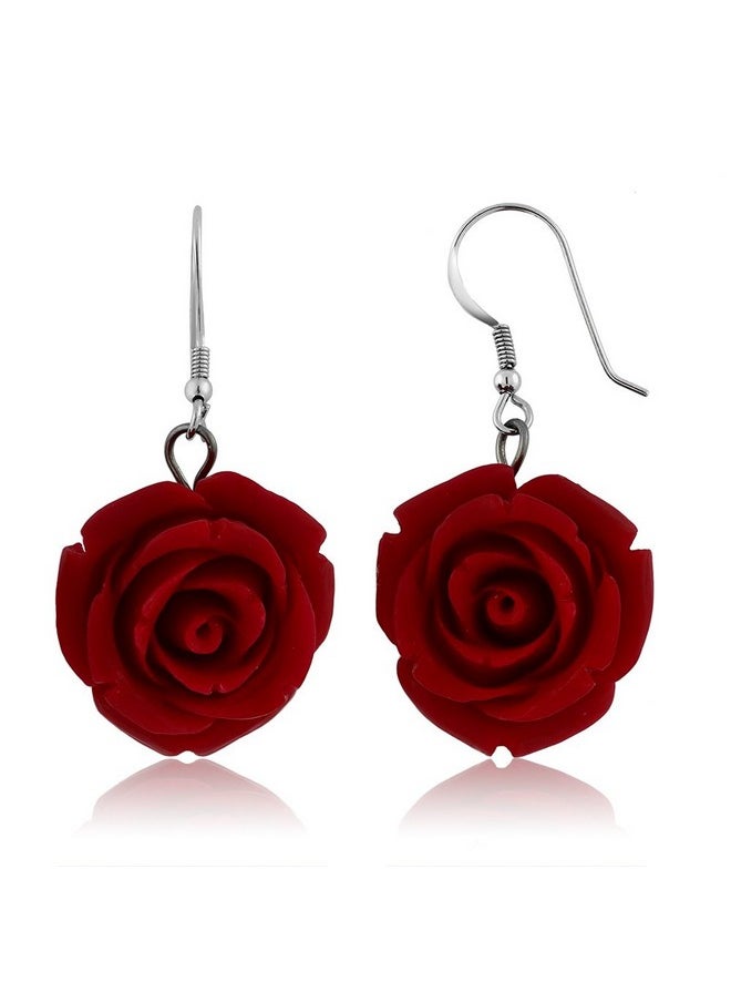 GEM STONE KING 20Mm 925 Sterling Silver Red Simulated Coral Carved Rose Flower Earrings  - Image 1