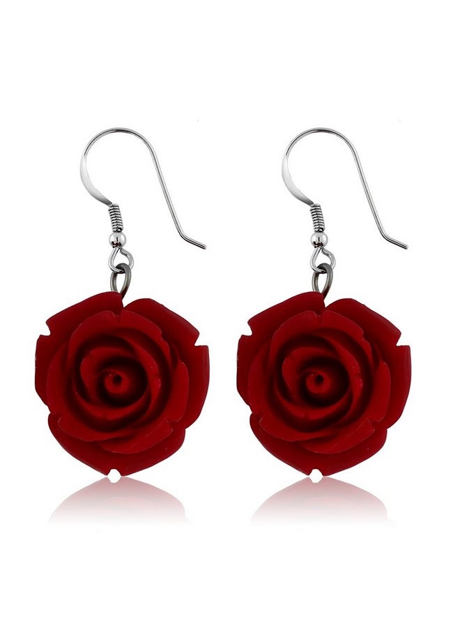 GEM STONE KING 20Mm 925 Sterling Silver Red Simulated Coral Carved Rose Flower Earrings  - Image 2