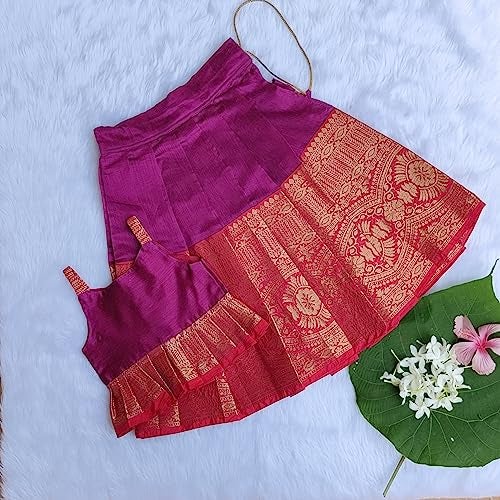 Picksparrow Baby Girl Pattu Pavadai/Kids Lehenga Choli (Pleated Top) (0-6 Months, Magenta) - Image 3