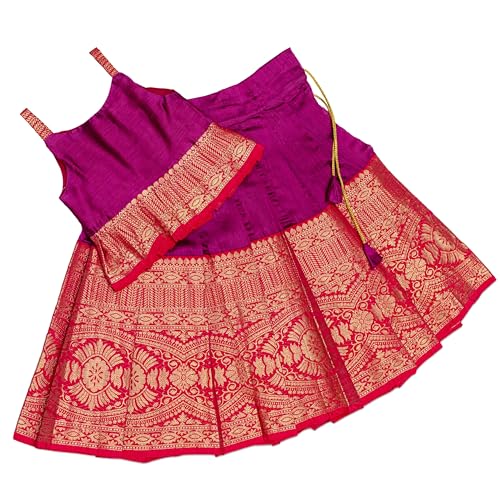Picksparrow Baby Girl Pattu Pavadai/Kids Lehenga Choli (Pleated Top) (0-6 Months, Magenta) - Image 1