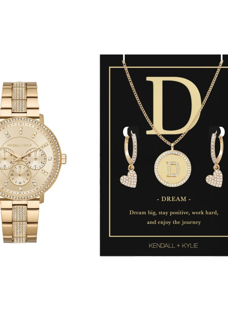 كيندال + كايلي Kendall + Kylie Women's Gold Analog Watch with Necklace and Earrings Set,A0943G-42-A27