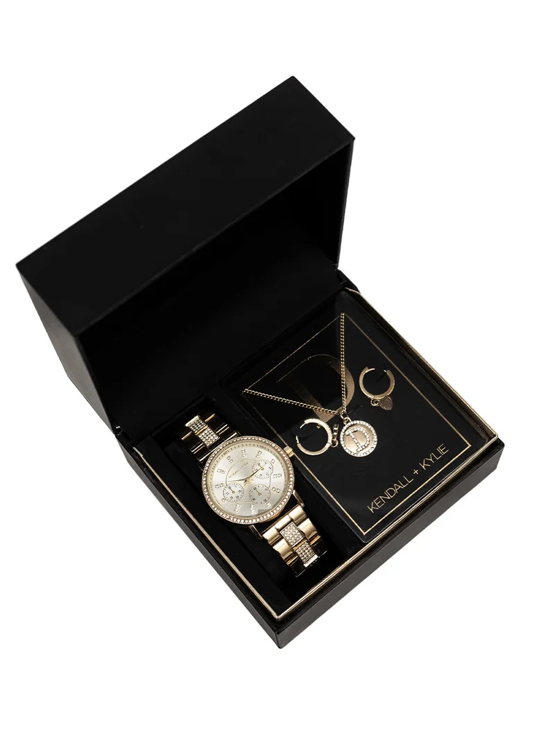 KENDALL + KYLIE Kendall + Kylie Women's Gold Analog Watch with Necklace and Earrings Set,A0943G-42-A27