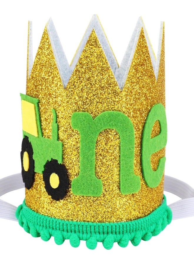 CORNER LACE 1st Birthday Glitter Hat - Tractor First Birthday Crown, Tractor One Theme Decoration Gold Green, One Year Old Supplies Favors for Photo Booth Props - Image 1
