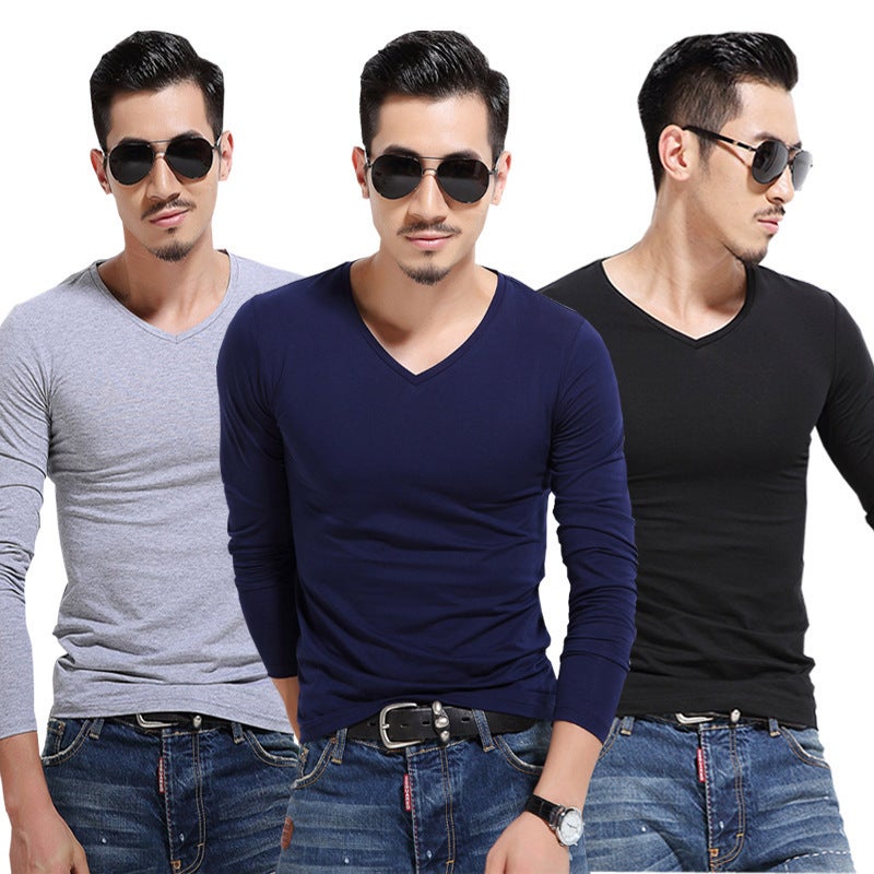 Trendy Long-Sleeve T-Shirt For Men, Thin Stretchy Slim-Fit Solid Color Casual Base Shirt - Image 2