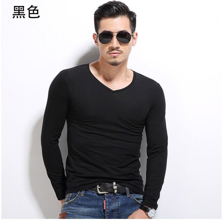 Trendy Long-Sleeve T-Shirt For Men, Thin Stretchy Slim-Fit Solid Color Casual Base Shirt - Image 4