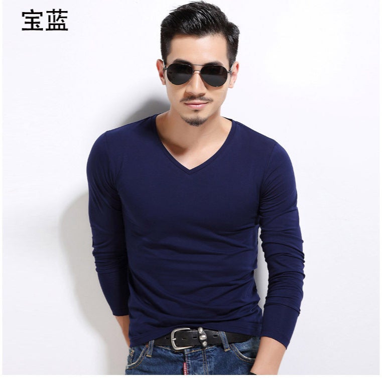Trendy Long-Sleeve T-Shirt For Men, Thin Stretchy Slim-Fit Solid Color Casual Base Shirt - Image 3