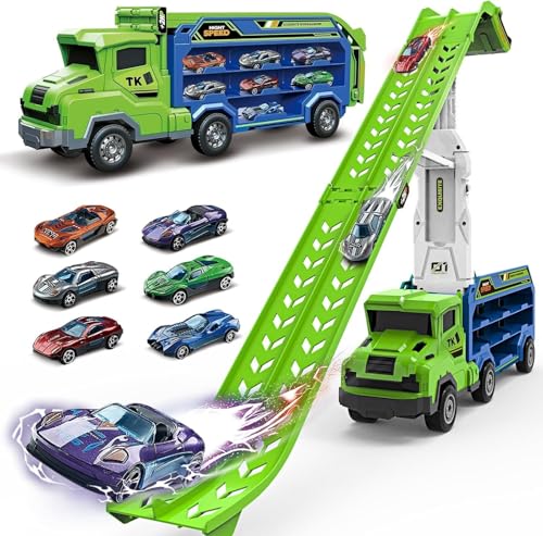ShyLizard Toddler Car Truck ToysCar Carrier Truck Toys for Kids Age 35 48Foldable Car Track Sets with 28Ft Race Track and 6 DieCast Race Cars Truck Toys Gifts for 3 4 5 6 7 8 Year Old Boys GirlsGreen - Image 1
