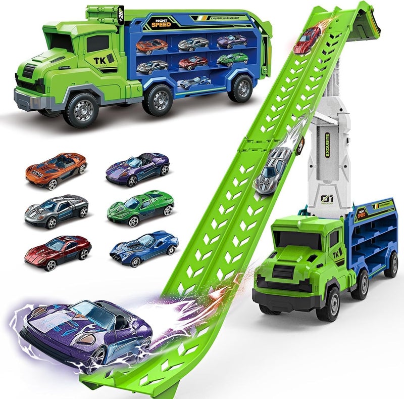 ShyLizard Toddler Car Truck ToysCar Carrier Truck Toys for Kids Age 35 48Foldable Car Track Sets with 28Ft Race Track and 6 DieCast Race Cars Truck Toys Gifts for 3 4 5 6 7 8 Year Old Boys GirlsGreen - Image 2