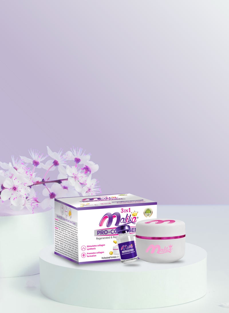 Malika Pro-Collagen 3-in-1 Beauty Cream empowered by Retinol & Hyaluronic Acid with Glutathione Serum & Vitamin E Capsule, Stimulates Collagen, Reduces Wrinkles & Fine Lines. Anti-Aging, Hydrating & Brightening for All Skin Types with SPF Protection - Image 1