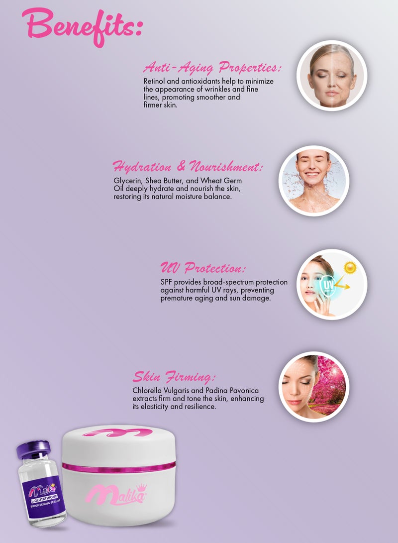 Malika Pro-Collagen 3-in-1 Beauty Cream empowered by Retinol & Hyaluronic Acid with Glutathione Serum & Vitamin E Capsule, Stimulates Collagen, Reduces Wrinkles & Fine Lines. Anti-Aging, Hydrating & Brightening for All Skin Types with SPF Protection - Image 3