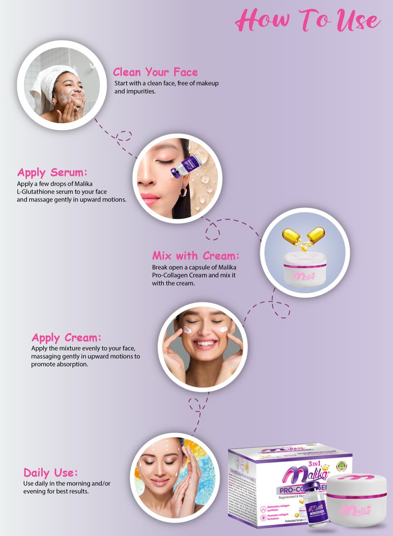 Malika Pro-Collagen 3-in-1 Beauty Cream empowered by Retinol & Hyaluronic Acid with Glutathione Serum & Vitamin E Capsule, Stimulates Collagen, Reduces Wrinkles & Fine Lines. Anti-Aging, Hydrating & Brightening for All Skin Types with SPF Protection - Image 4