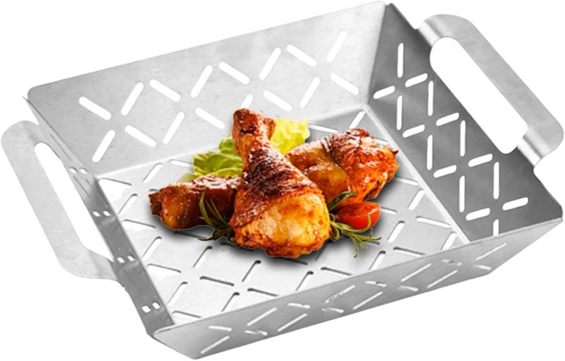 Grill Basket | with Handle Stainless Steel Heavy Duty Portable Cookware,Stainless Steel Grill Pan | for Electric Backyard Patio Picnic Tailgating Party Entertaining Vegetables Corn Potato Meat Seafood - Image 1