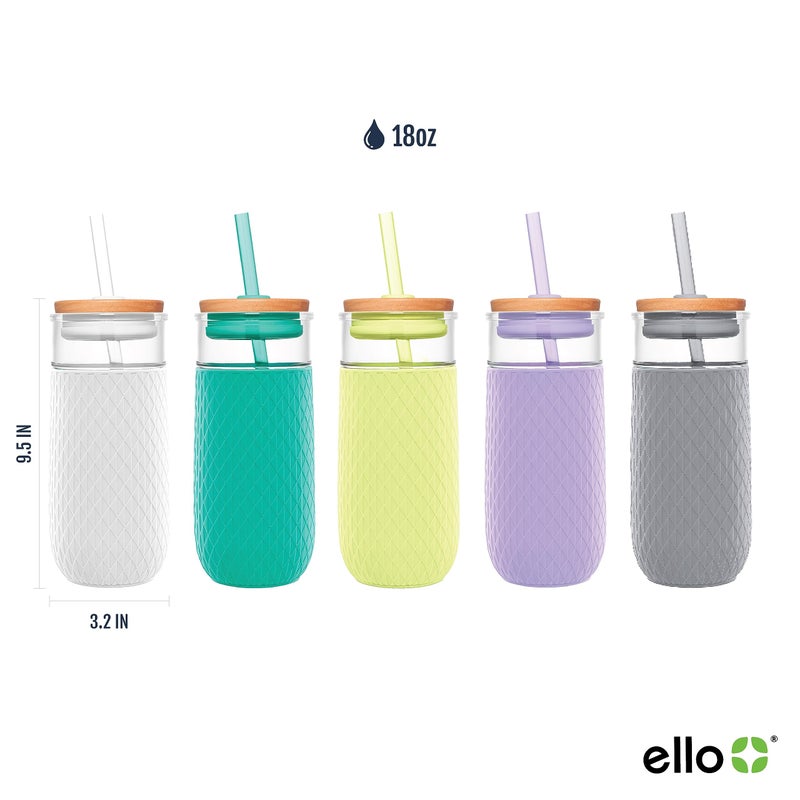 Ello Devon 18oz Glass Tumbler with Straw  Friction Fit Bamboo Wood Lid and Silicone Sleeve | Perfect for Iced Coffee  Tea  and Smoothies | White - Image 3