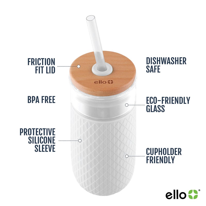Ello Devon 18oz Glass Tumbler with Straw  Friction Fit Bamboo Wood Lid and Silicone Sleeve | Perfect for Iced Coffee  Tea  and Smoothies | White - Image 2