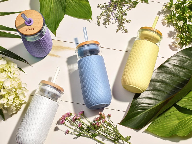 Ello Devon 18oz Glass Tumbler with Straw  Friction Fit Bamboo Wood Lid and Silicone Sleeve | Perfect for Iced Coffee  Tea  and Smoothies | White - Image 5