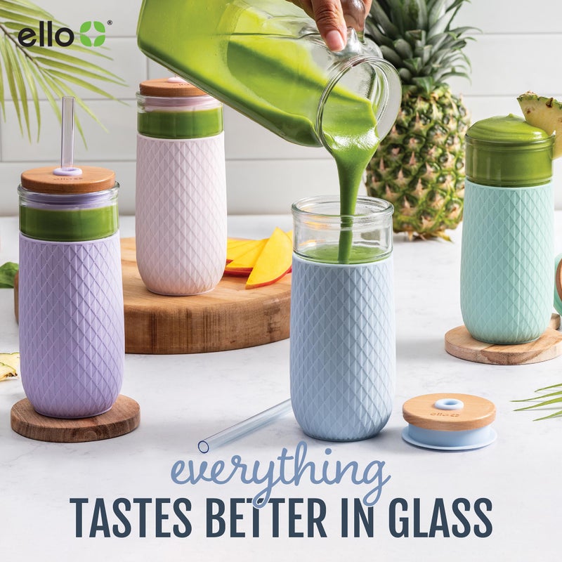 Ello Devon 18oz Glass Tumbler with Straw  Friction Fit Bamboo Wood Lid and Silicone Sleeve | Perfect for Iced Coffee  Tea  and Smoothies | White - Image 4