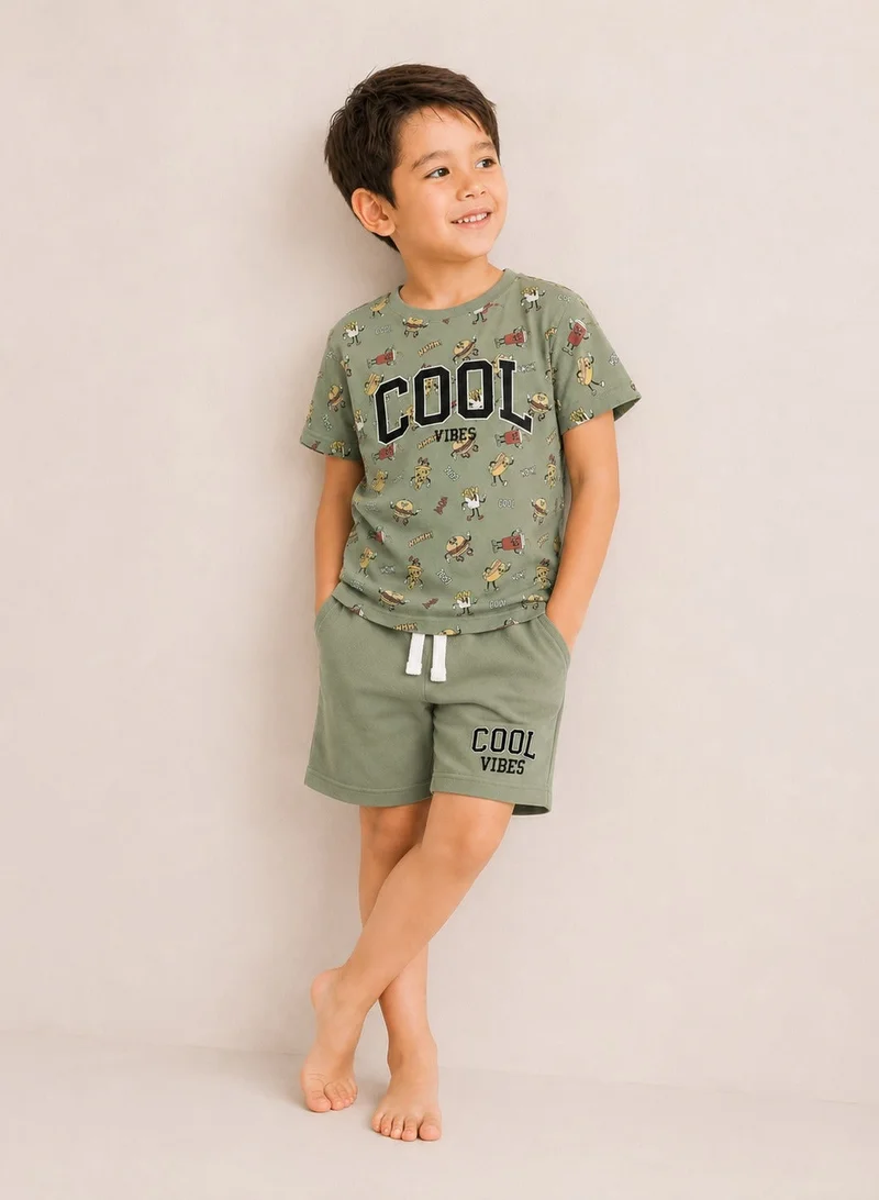 فكتور اند جين Boys’ Pajama Set – “COOL” Printed Tee & Shorts Set