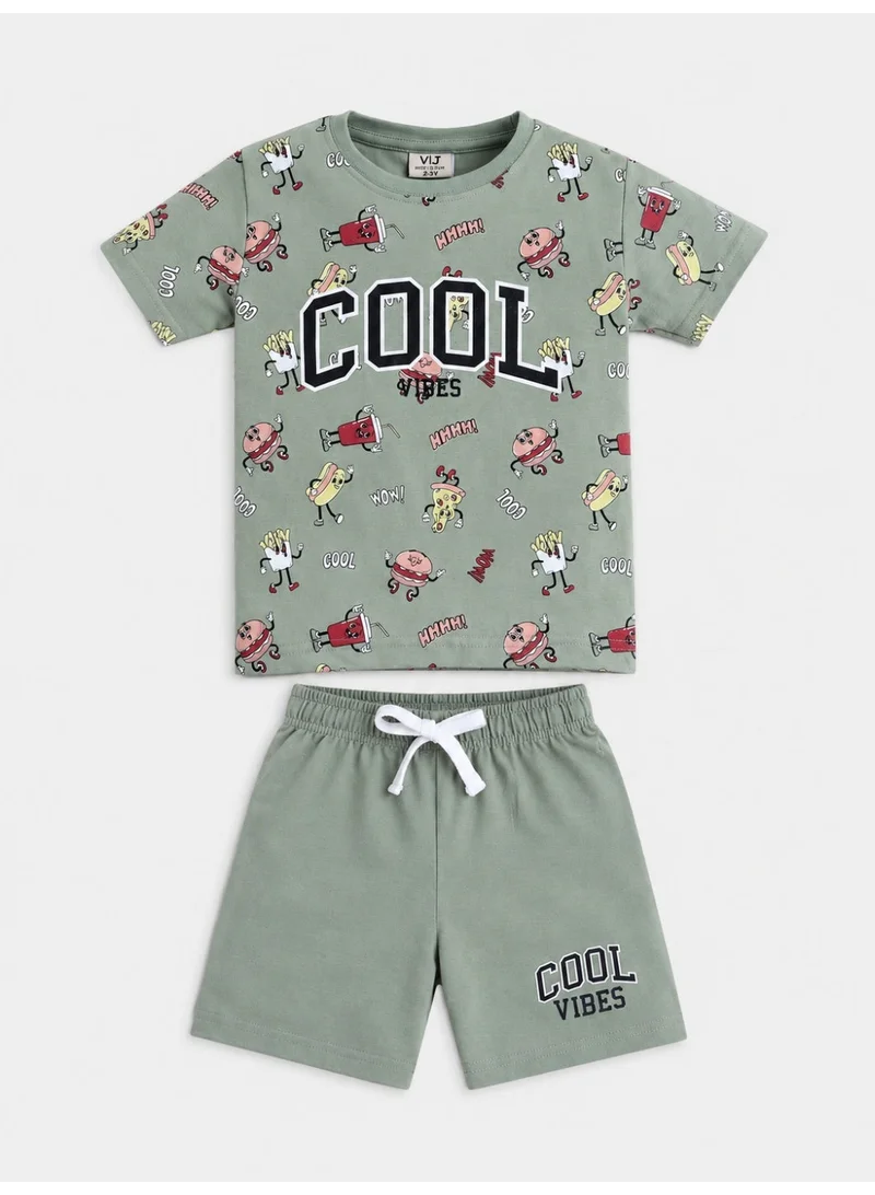 فكتور اند جين Boys’ Pajama Set – “COOL” Printed Tee & Shorts Set