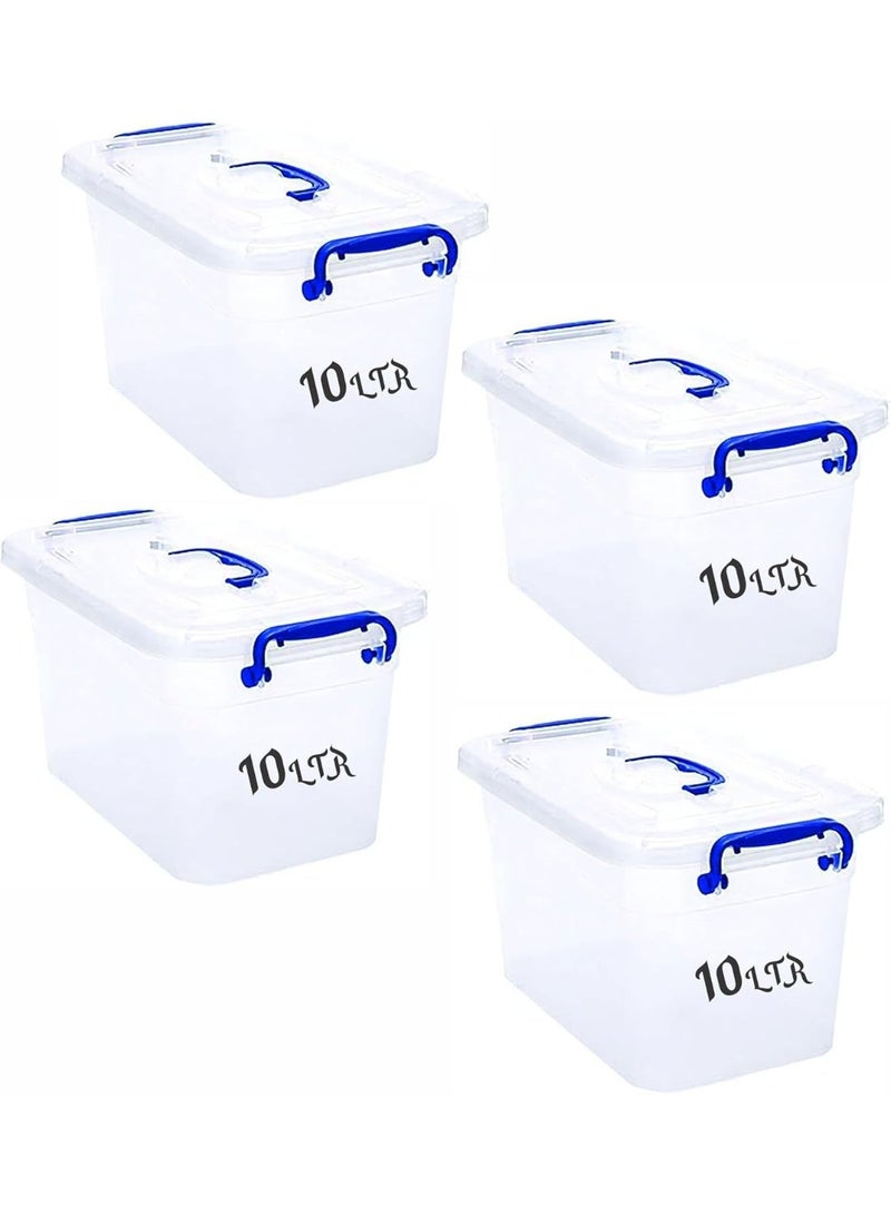 هيواري مجموعة صناديق تخزين بلاستيكية شفافة من 4 قطع من HIWARE سعة 10 لتر مع أغطية قابلة للقفل | حاويات تنظيم شفافة للملابس والألعاب والأدوات والفنون والحرف اليدوية | حل تخزين قابل للتكديس مع مقابض (4 × 10 لتر) - Image 1