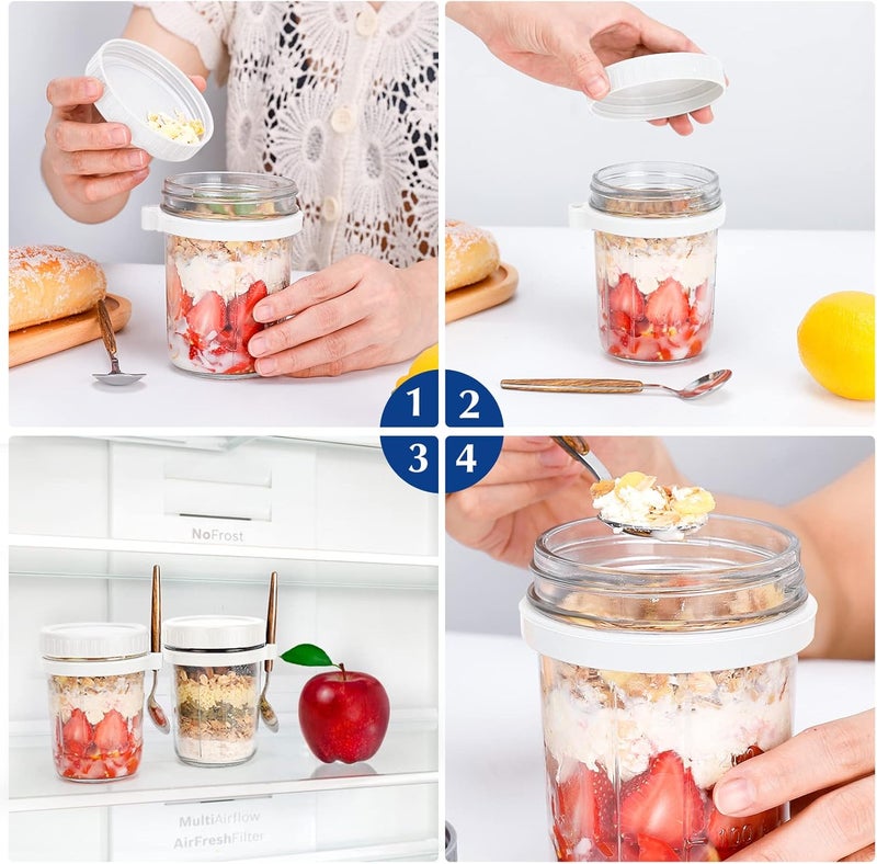 PFUM Overnight Oats Jars with Spoon and Lid 16 oz [2 Pack], Airtight Oatmeal Container with Measurement Marks, Mason Jars with Lid for Cereal On The Go Container (2pcs white) - Image 5