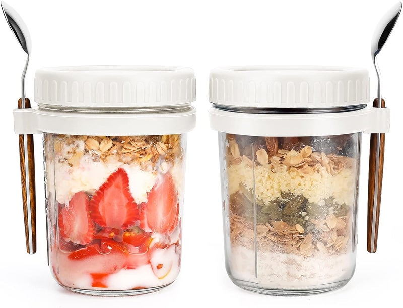 PFUM Overnight Oats Jars with Spoon and Lid 16 oz [2 Pack], Airtight Oatmeal Container with Measurement Marks, Mason Jars with Lid for Cereal On The Go Container (2pcs white) - Image 1