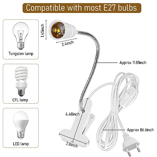 ELEPHANTBOAT E27 Clamp Incandescent Light Lamp Holder With Metal Clip 360° Flexible Gooseneck And Switch,E27 Bulb Holder With Plug Socket,Clip Lamp Holder Desk Lamp Lamp Base Holder(No Bulb),White - Image 2