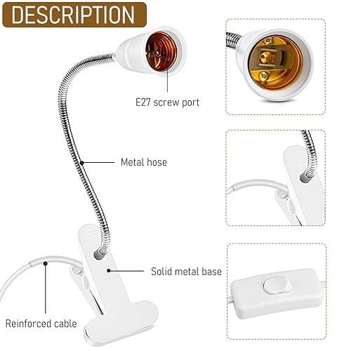 ELEPHANTBOAT E27 Clamp Incandescent Light Lamp Holder With Metal Clip 360° Flexible Gooseneck And Switch,E27 Bulb Holder With Plug Socket,Clip Lamp Holder Desk Lamp Lamp Base Holder(No Bulb),White - Image 4