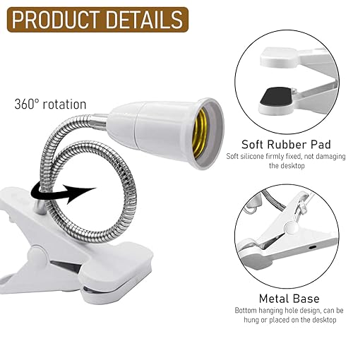 ELEPHANTBOAT E27 Clamp Incandescent Light Lamp Holder With Metal Clip 360° Flexible Gooseneck And Switch,E27 Bulb Holder With Plug Socket,Clip Lamp Holder Desk Lamp Lamp Base Holder(No Bulb),White - Image 3