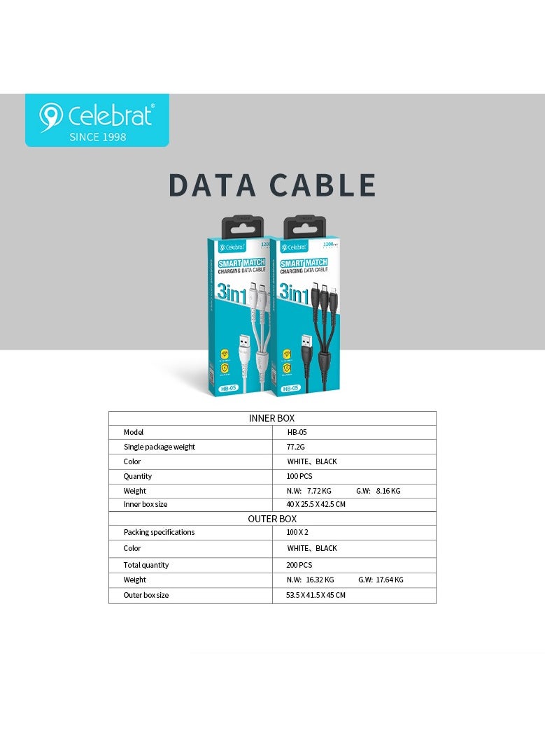 Celebrat - Celebrat HB-05 3 in 1 Portable USB To Type-C, Lightning,Micro Fast Charge And Data Transmission Cable With Smart Design And Practical Fits Mobile Phone 1200mm - White - Image 1