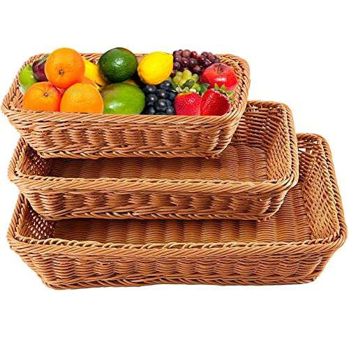 ZOENHOU 3 Packs Poly Wicker Bread Basket, 16” 14” 12” Handmade Woven Empty Gift Basket, Tabletop Wicker Serving Baskets for Home Restaurant Hotel Food Fruit Vegetables Snacks Storage, Brown - Image 1